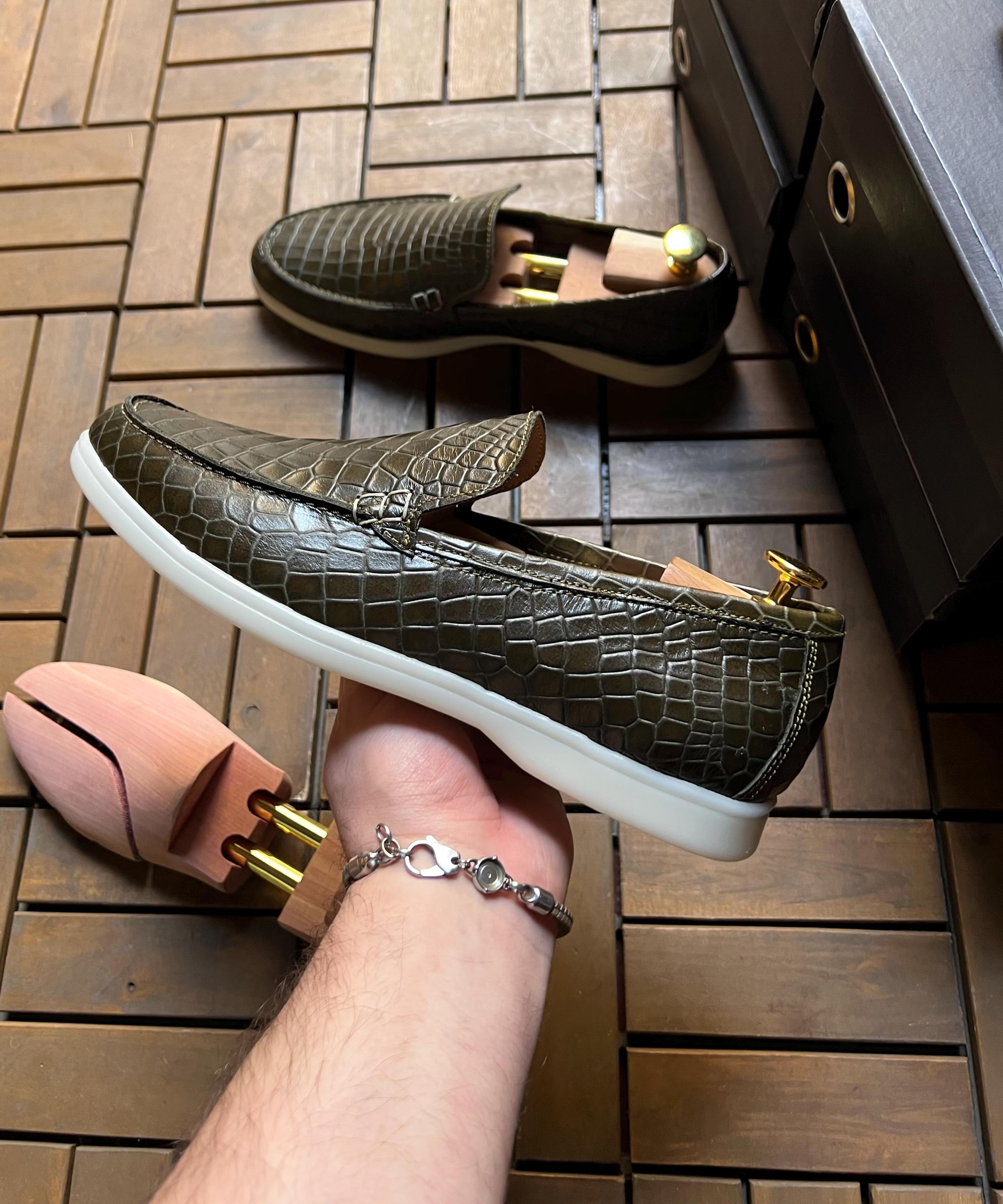 Olive Green Croc-Print Leather Loafers – Handcrafted Penny Style with Sport Sole