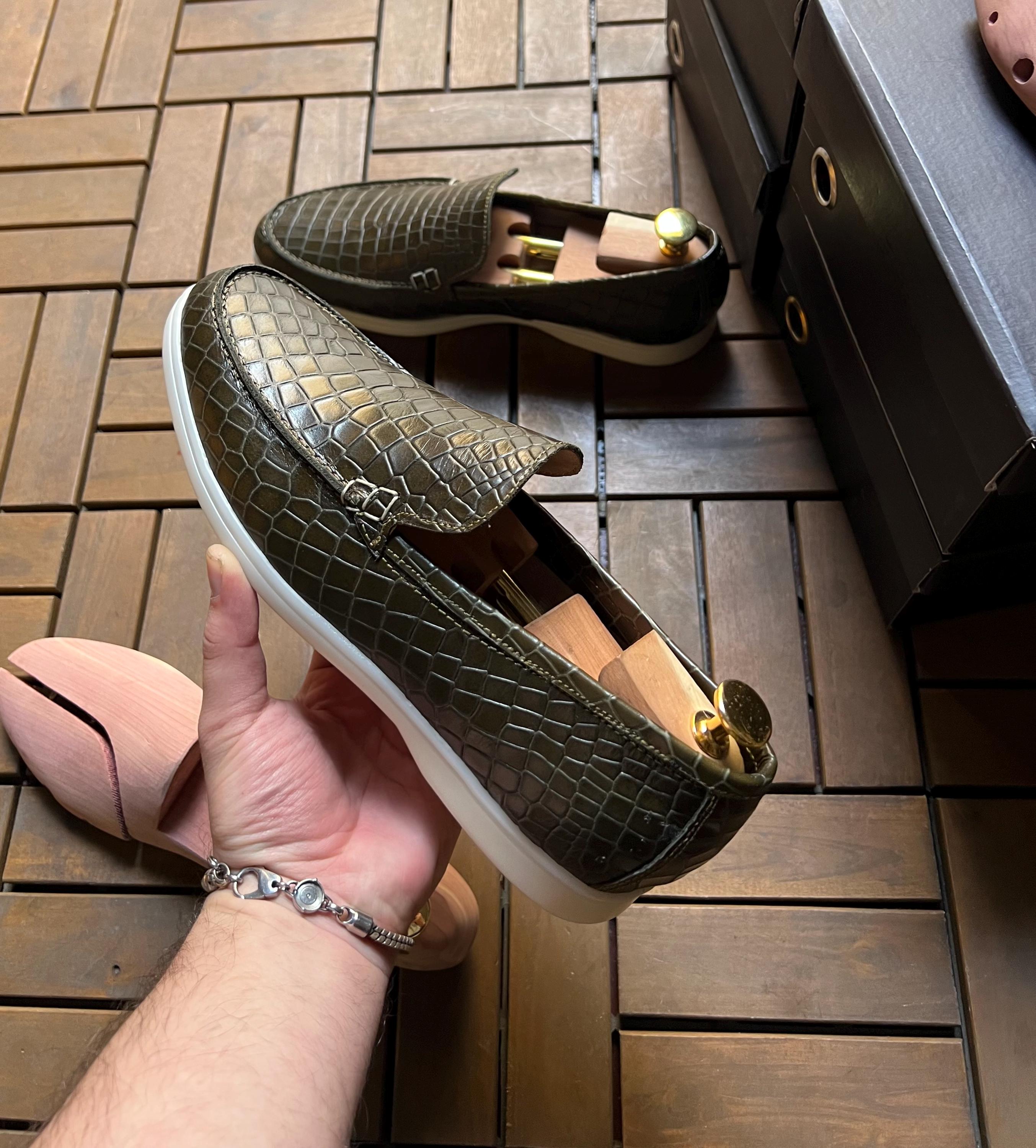 Olive Green Croc-Print Leather Loafers – Handcrafted Penny Style with Sport Sole