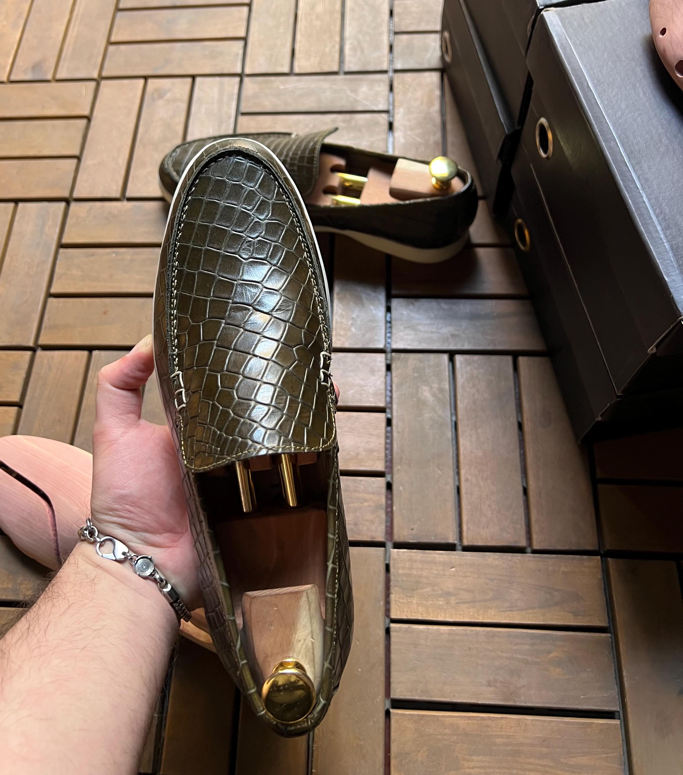 Olive Green Croc-Print Leather Loafers – Handcrafted Penny Style with Sport Sole