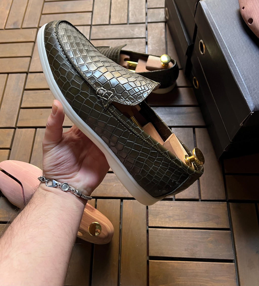 Olive Green Croc-Print Leather Loafers – Handcrafted Penny Style with Sport Sole