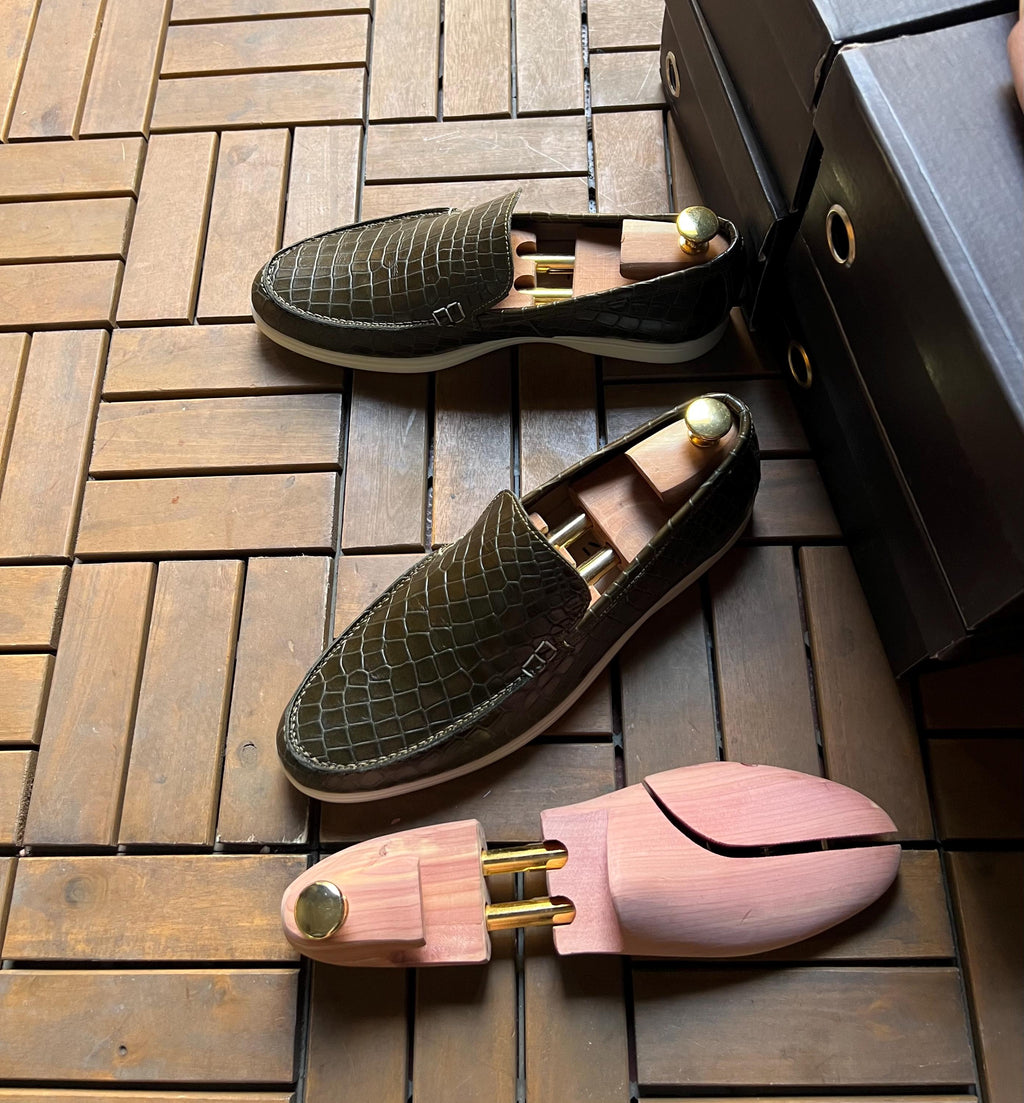 Olive Green Croc-Print Leather Loafers – Handcrafted Penny Style with Sport Sole
