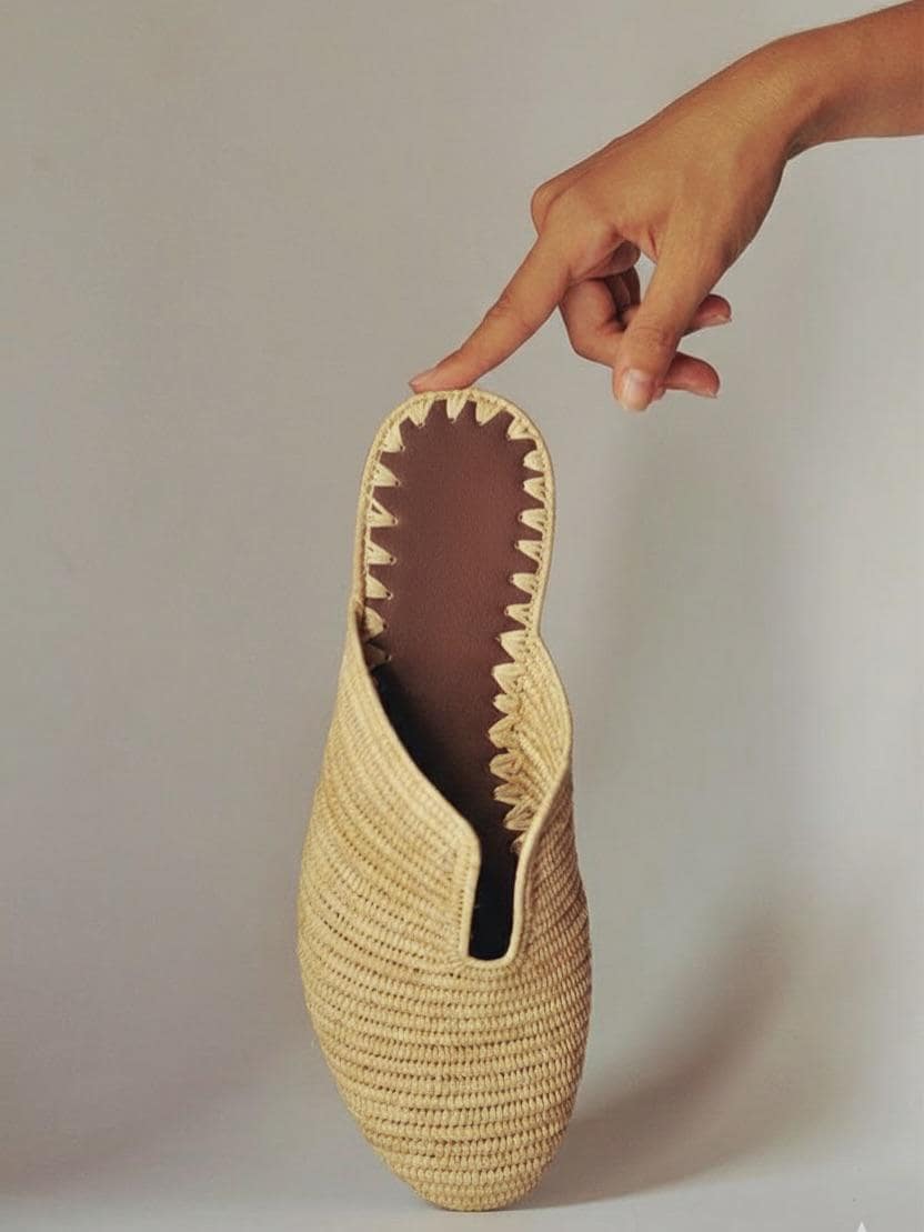 Handwoven Raffia Mules, V-Cut Summer Slides, Leather Insole, Boho Flats