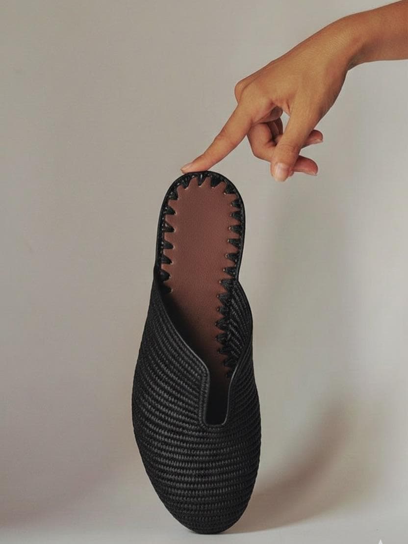 Handwoven Raffia Mules, V-Cut Summer Slides, Leather Insole, Boho Flats