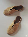 Handwoven Raffia Mules, V-Cut Summer Slides, Leather Insole, Boho Flats