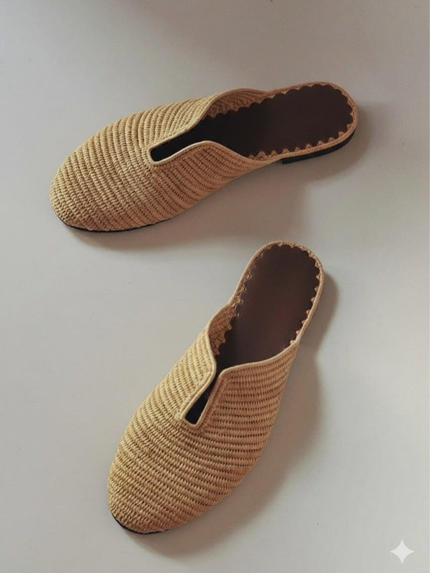 Handwoven Raffia Mules, V-Cut Summer Slides, Leather Insole, Boho Flats