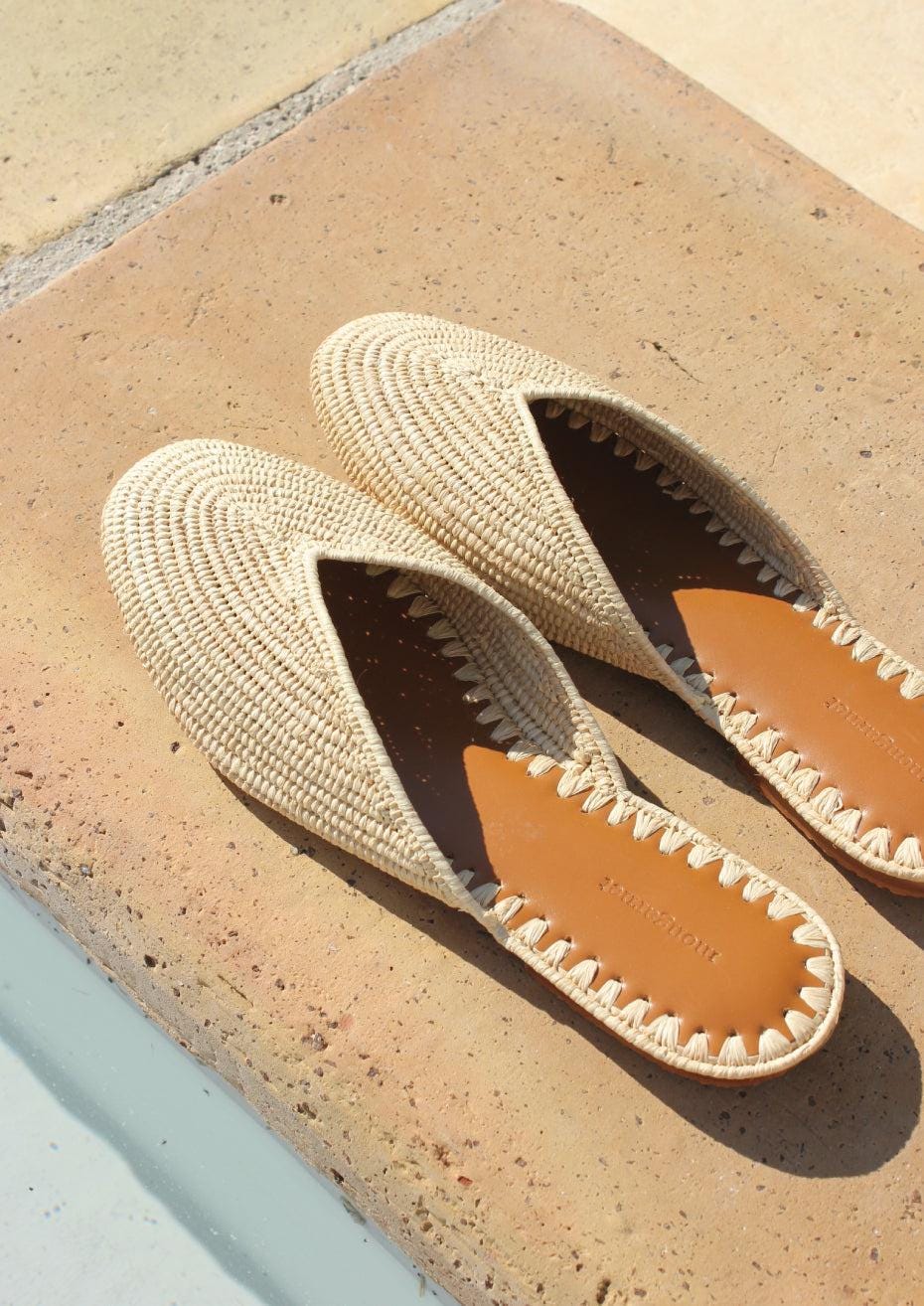 Handmade Raffia Mules – Woven Leather Insole Summer Slides, Resort Flat Sandals