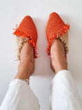Handwoven Orange Raffia Mules, Pointed Toe Fringe Slides, Bohemian Summer Sandals