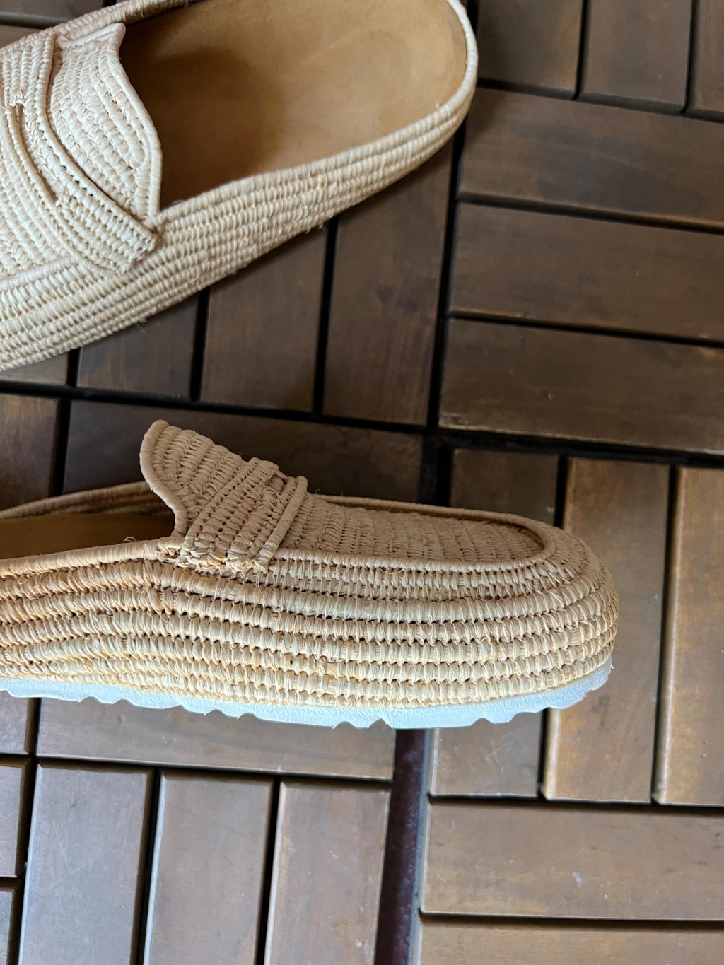 Handwoven Raffia Penny Loafer Mules, Leather Insole, White Rubber Sole