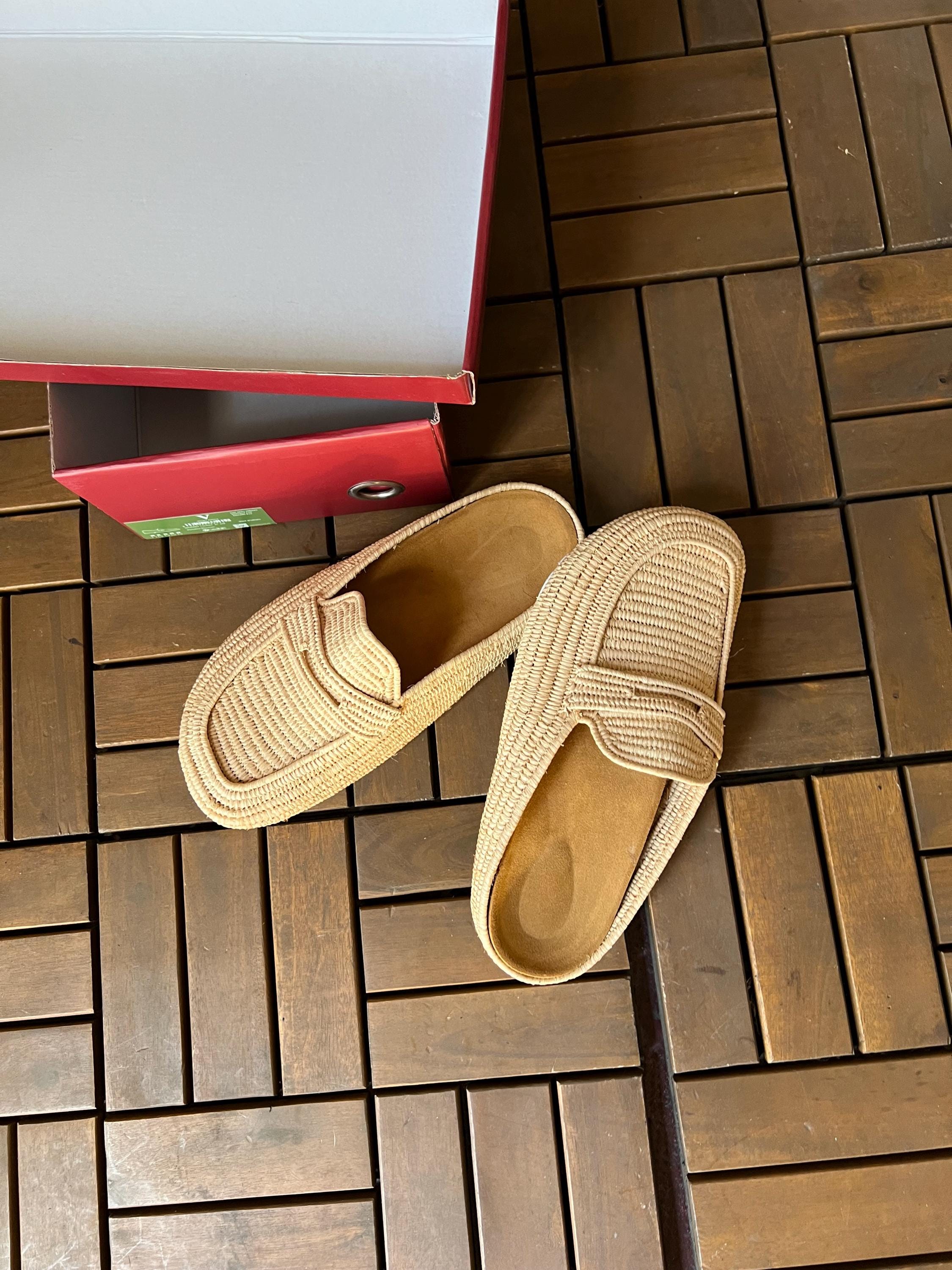 Handwoven Raffia Penny Loafer Mules, Leather Insole, White Rubber Sole