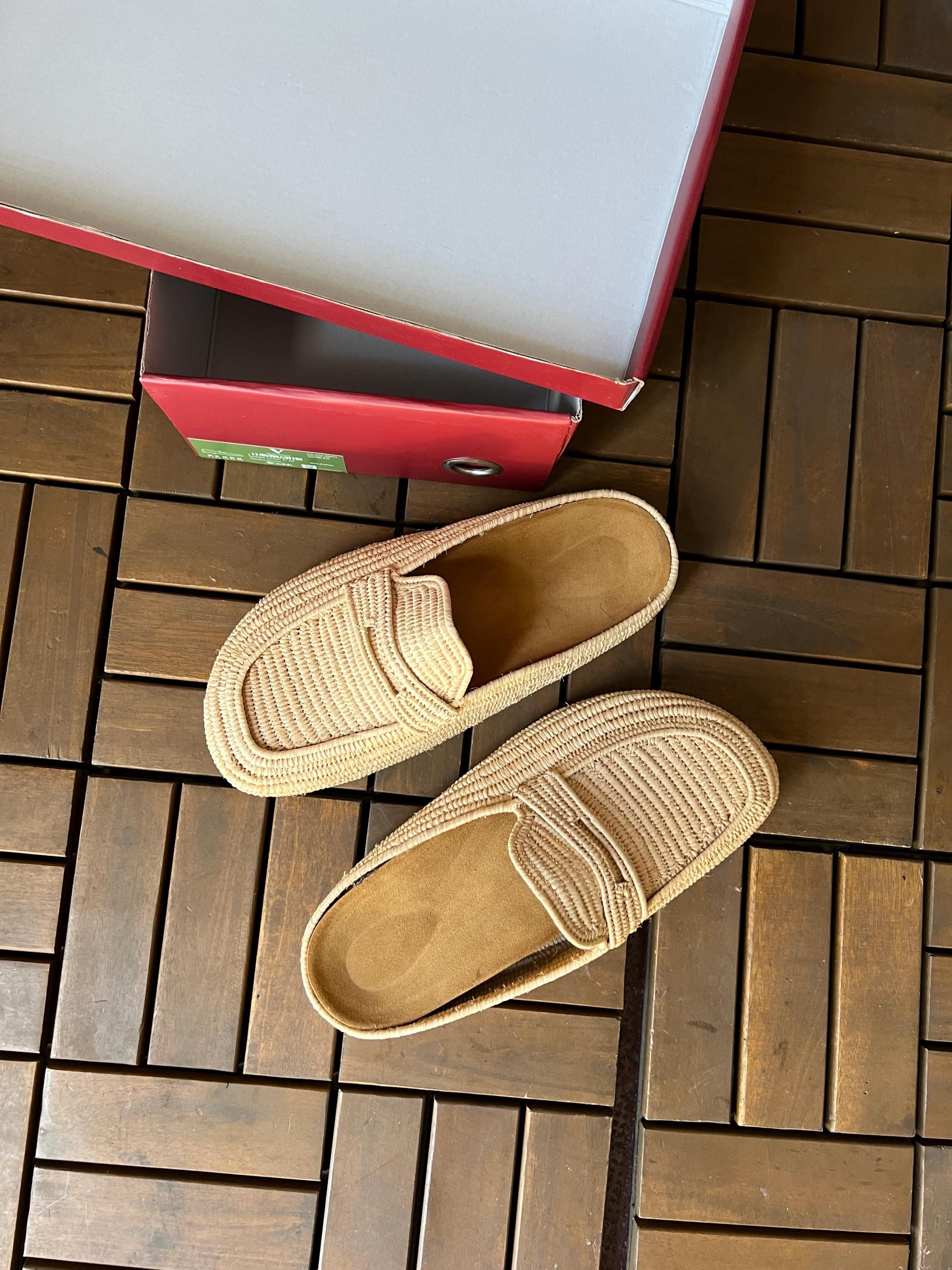 Handwoven Raffia Penny Loafer Mules, Leather Insole, White Rubber Sole