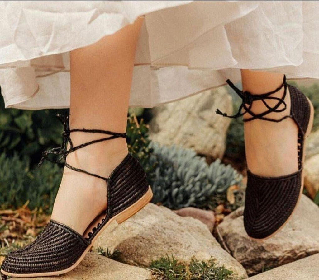 Black Raffia Flats, Handwoven Ankle Wrap Bohemian Summer Shoes