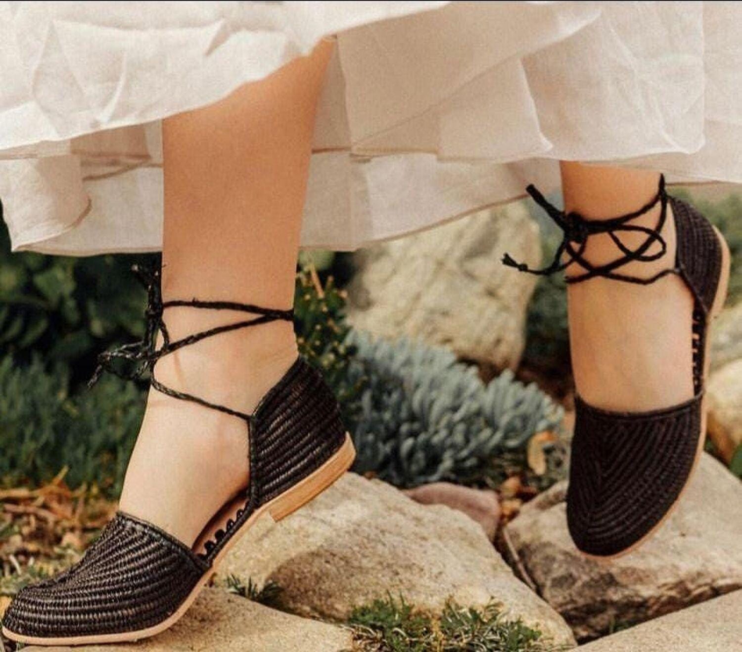 Black Raffia Flats, Handwoven Ankle Wrap Bohemian Summer Shoes