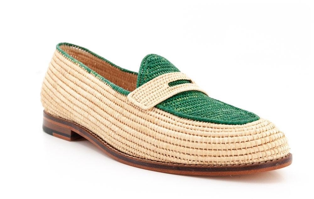 Handwoven Raffia Loafers, Emerald Green &amp; Natural Two-Tone, Summer Slip On Shoes