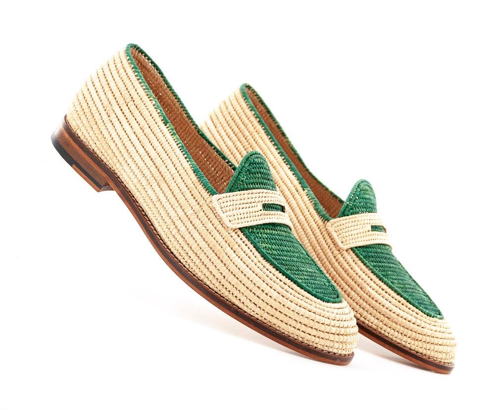 Handwoven Raffia Loafers, Emerald Green &amp; Natural Two-Tone, Summer Slip On Shoes
