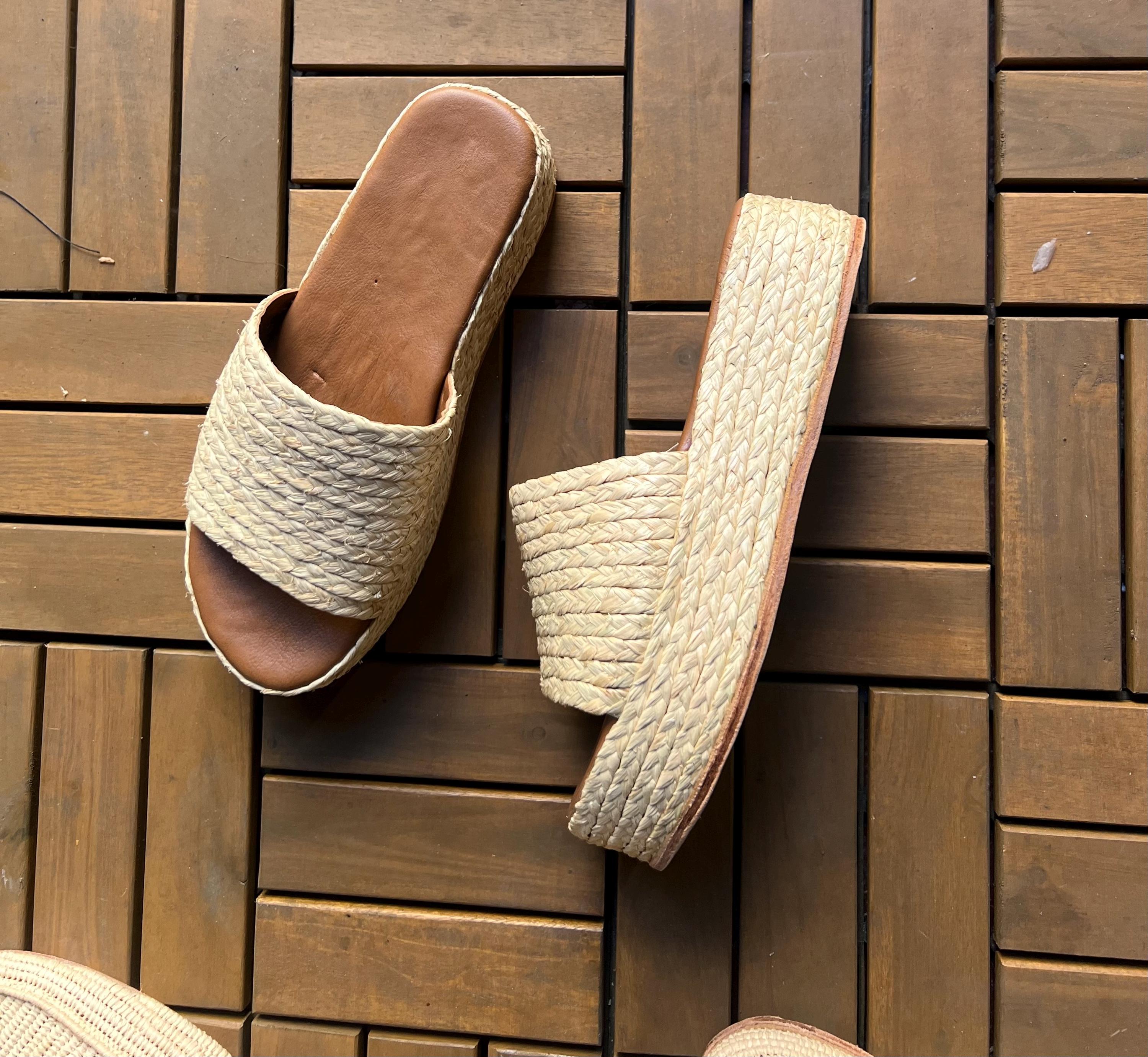 Braided Raffia Platform Slides, Woven Leather Footbed Mules, Boho Summer Sandals