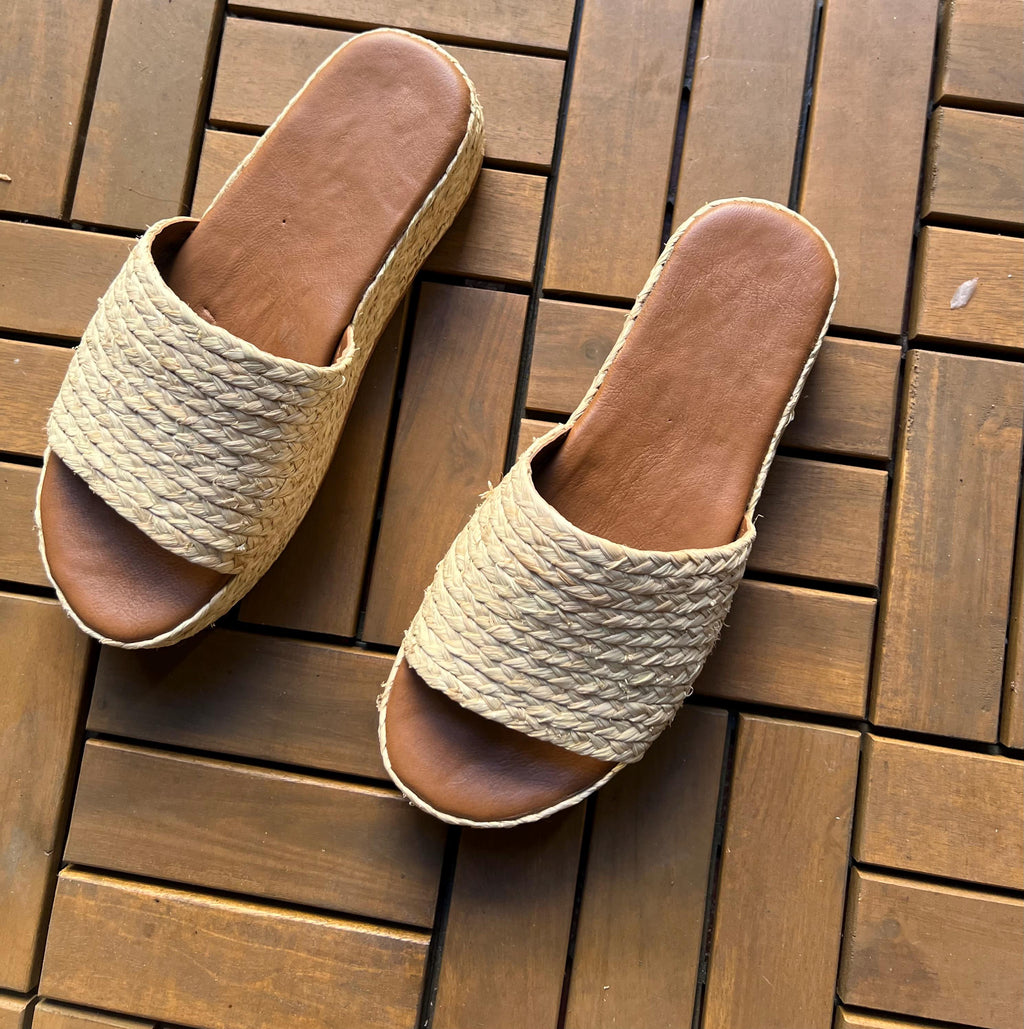Braided Raffia Platform Slides, Woven Leather Footbed Mules, Boho Summer Sandals