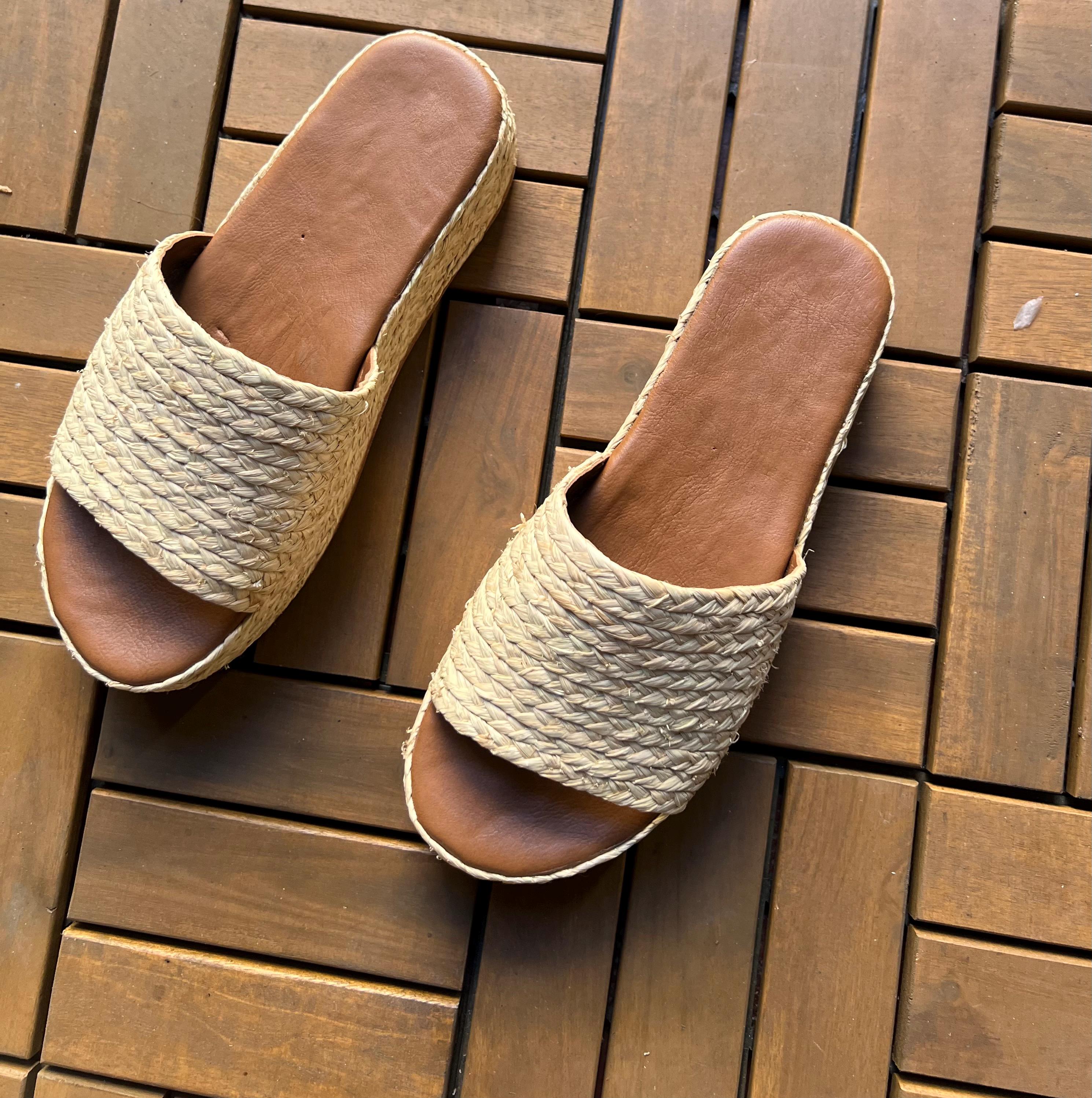 Braided Raffia Platform Slides, Woven Leather Footbed Mules, Boho Summer Sandals