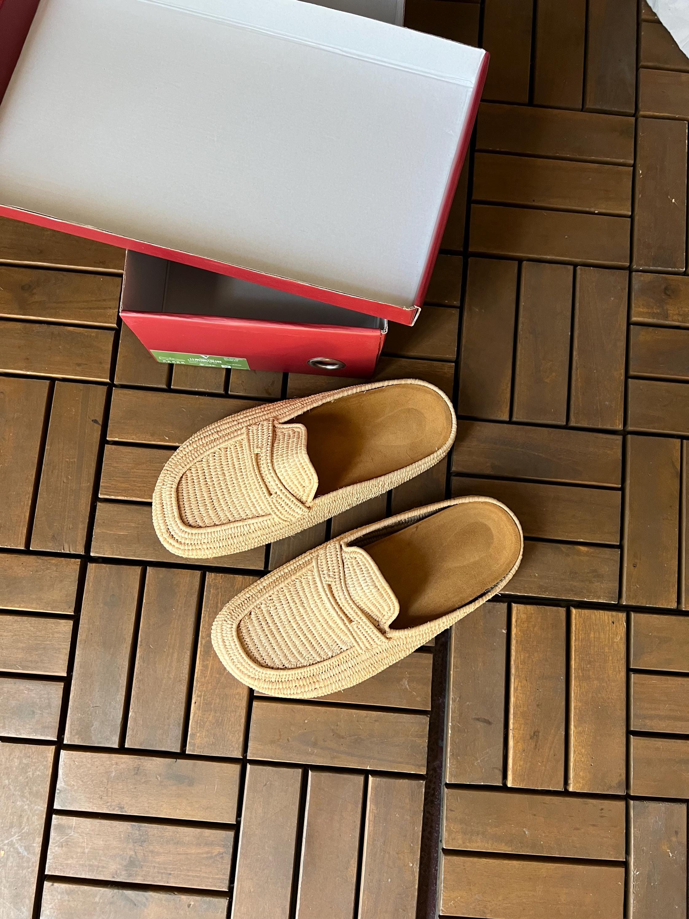 Handwoven Raffia Penny Loafer Mules, Leather Insole, White Rubber Sole
