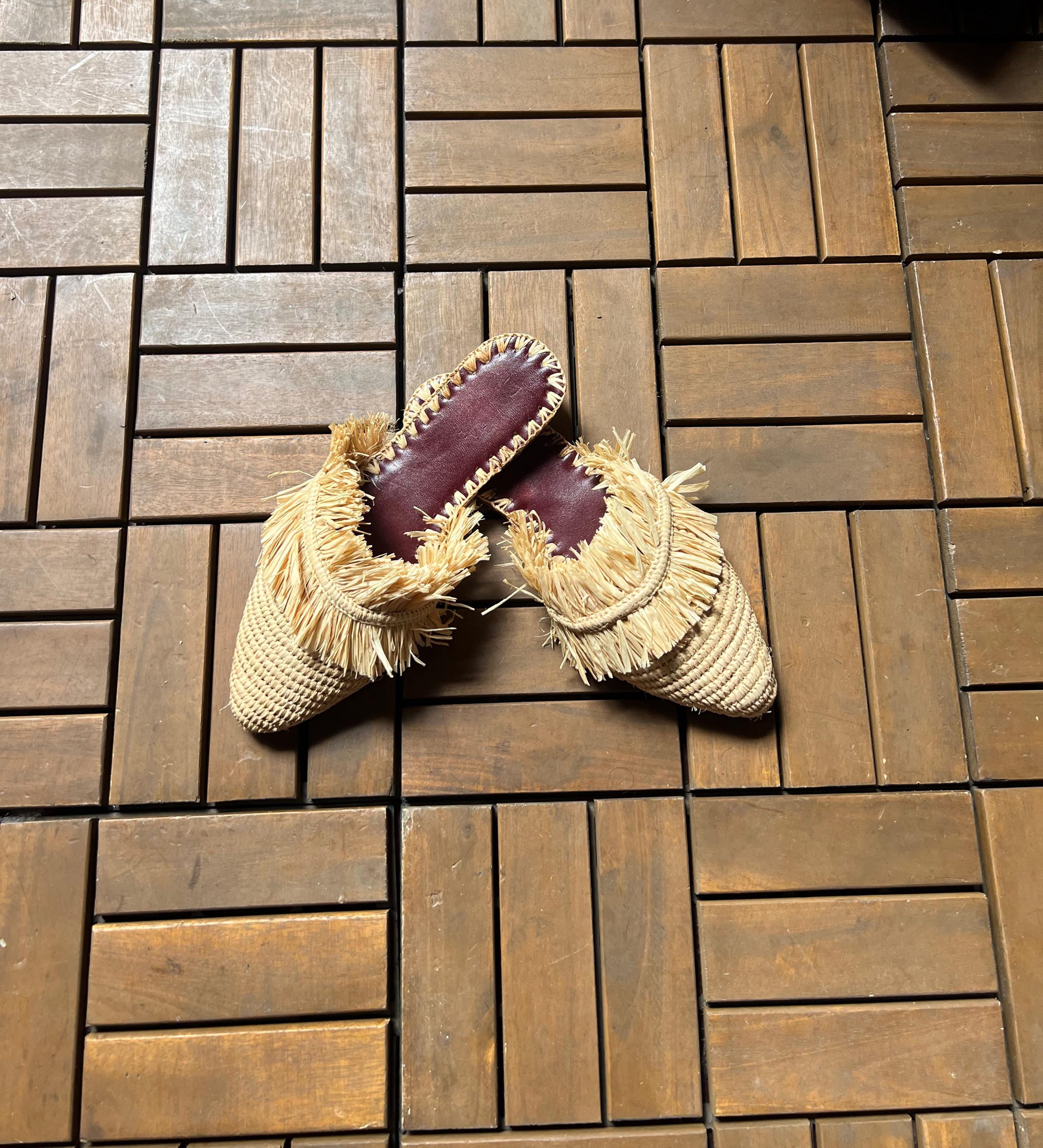Handmade Fringed Raffia Mules - Woven Raffia Sandals Women, , Summer Bohemian Loafers