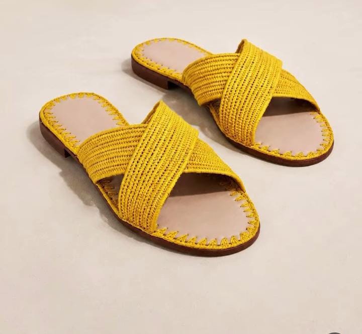 Women's Handmade Raffia Sandals, Natural Woven Slippers, Comfortable Summer Flats