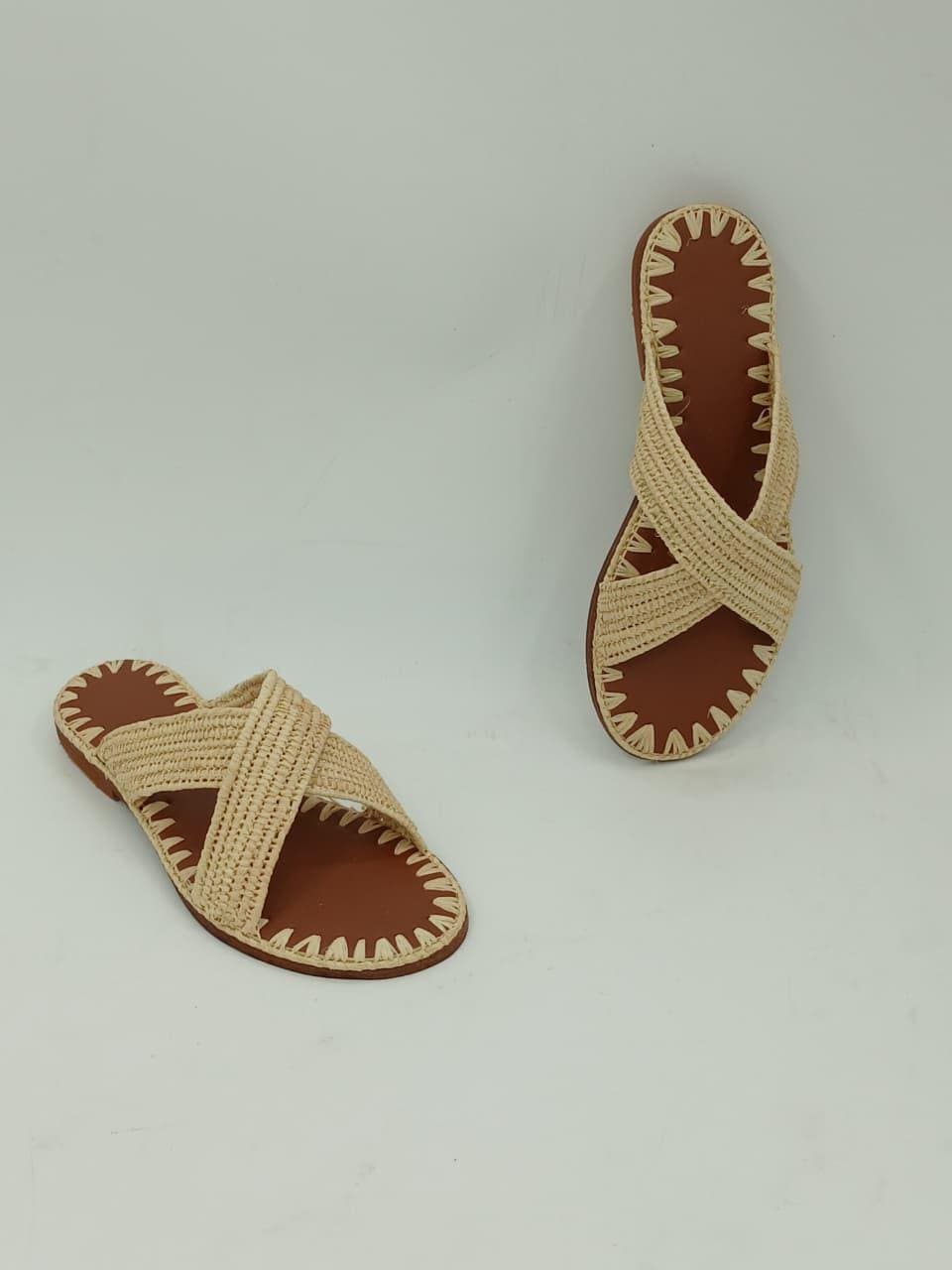 Women's Handmade Raffia Sandals, Natural Woven Slippers, Comfortable Summer Flats