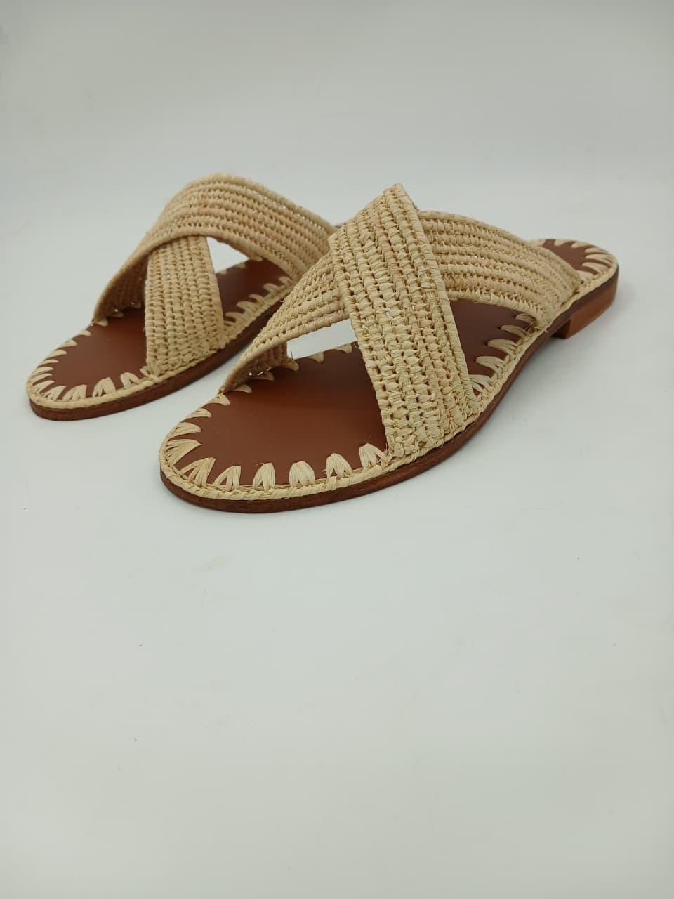 Women's Handmade Raffia Sandals, Natural Woven Slippers, Comfortable Summer Flats
