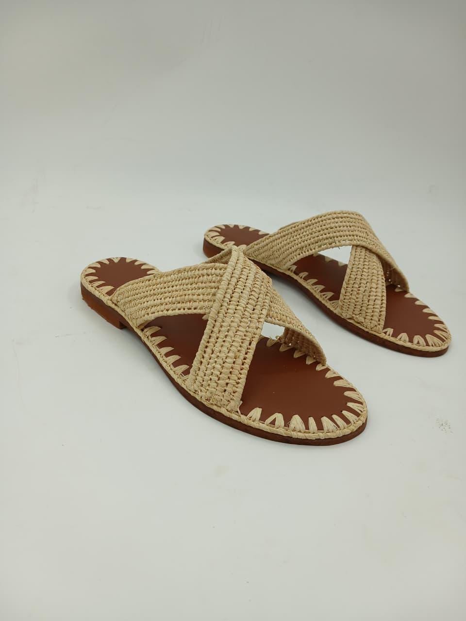 Women's Handmade Raffia Sandals, Natural Woven Slippers, Comfortable Summer Flats