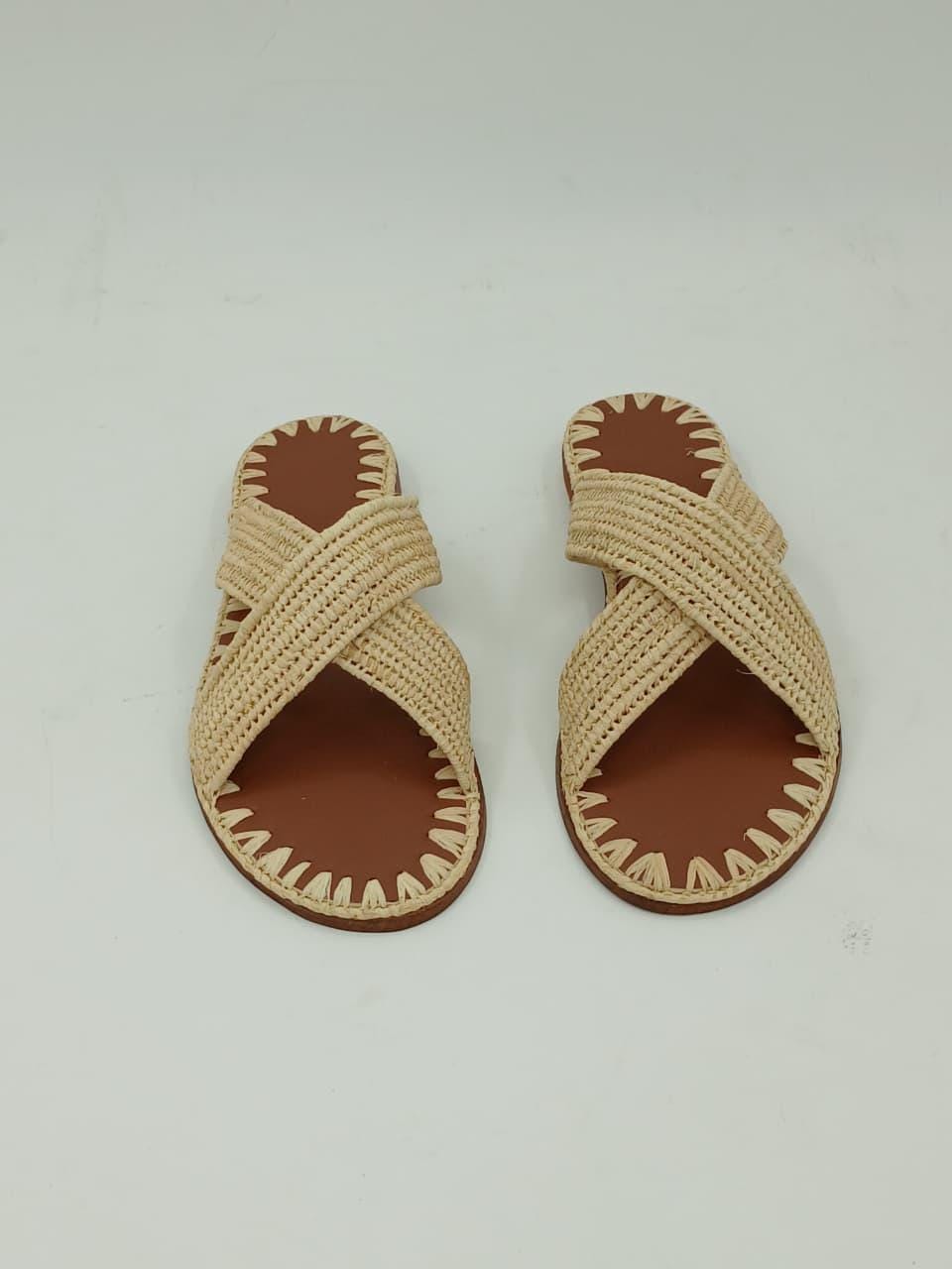 Women's Handmade Raffia Sandals, Natural Woven Slippers, Comfortable Summer Flats
